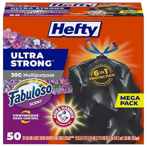 Hefty Ultra Strong 30 Gallon Trash Bags, Large Trash Bags 30 Gallon Size, Multipurpose, Break Resistant Drawstring Closure, Resists Leaks, Punctures, and Tears, Black, Fabuloso Sce