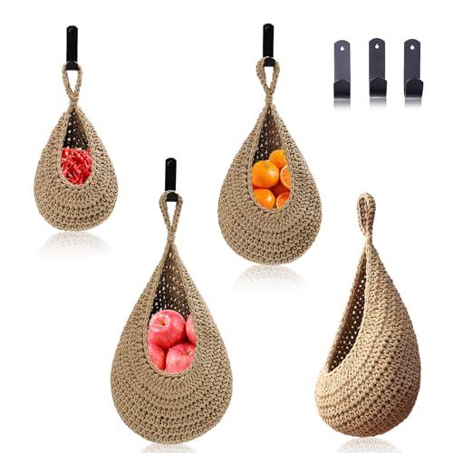 MKO SHUN Hanging Fruit Basket Set of 3, Boho Wall Hanging Storage Jute Basket for Organizing & Decor, Handmade Teardrop Hammock Holder for Onion Fruit Vegetable in Home & Restauran