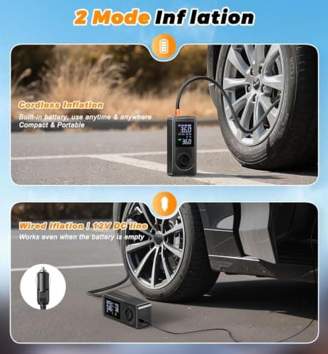 Tire Inflator Portable Air Compressor - 150 PSI 4X Fast Inflation Rechargeable Battery & 12V DC Adapter Powered Air Pump for Car Bike Motorcycle Tires Balls with LCD Display, LED L thumbnail 2