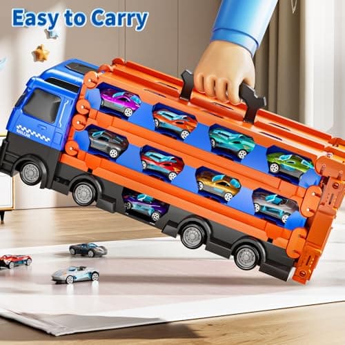 GYYCKTD Cars Truck Set Transport Toy for Kids, Race Track Set with 12 Die-Cast Cars, Trucks Playset, 2-Tier Launching Tracks, Carrier Toy for Boys Girls Birthday Gifts for Boys Age