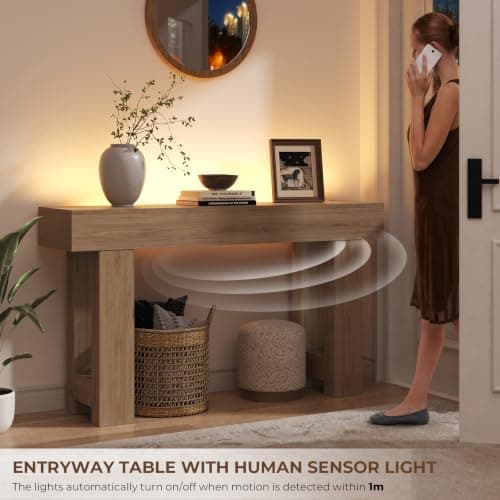 BROTTAR Foyer Table for Entryway, Console Table with Sensor Lights, Oak | Wood Entryway Table with Storage, Sofa Table Behind Couch for Entrance Hallway Living Room