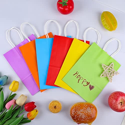 XPCARE 32Pcs Paper Gift Bags, 5.25x3.25x8.25'' Kraft Paper Party Favor Bags Bulk Rainbow Goodie Bags Small Gift Bags with Handles for Kids Birthday Baby Shower Crafts Wedding Party