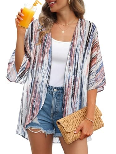 Womens Kimono Cardigans Beach Cover ups Swimwear Puff Sleeve Loose Casual Summer Tops (Tiedye Multi,L)