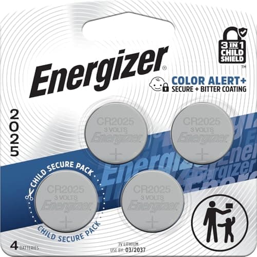 Energizer 2025 Batteries (4 Pack), 3V Lithium Coin Lithium Batteries with 3-in-1 Child Shield