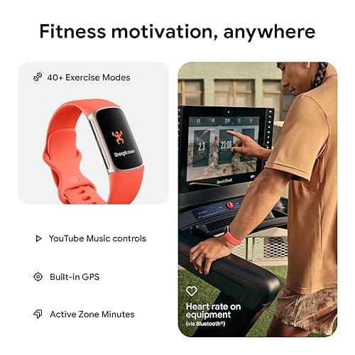 Fitbit Charge 6 Fitness Tracker with Google Apps - Heart Rate on Exercise Equipment - 3-Month Google Health Premium Membership Included - Health Tools - Gold/Coral - Small&Large Ba thumbnail 4
