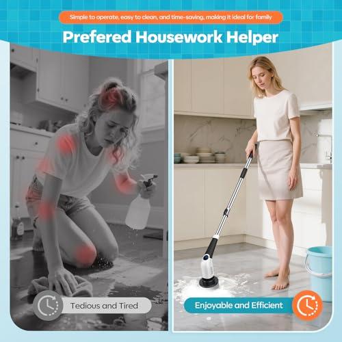 YKYI Electric Spin Scrubber,Cordless Cleaning Brush,Shower Cleaning Brush with 8 Replaceable Brush Heads,Power Scrubber 3 Adjustable Speeds,Adjustable & Detachable Long Handle,Voic