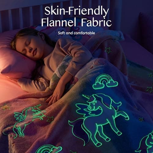 Joiedomi Glow in The Dark Blanket - Unicorns Gifts Toys for Girls Age 2 3 4 5 6 7 8 9 10 11 12 Year Old - Soft Cozy Flannel Kids Throw Blanket, Birthday Bedroom Decor 50"×60"