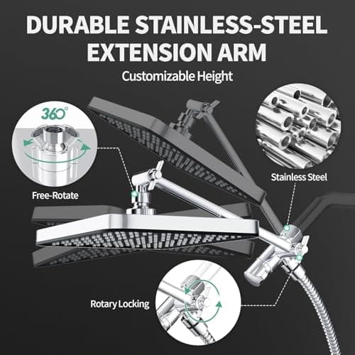 12 Inch Wide Rain Shower Head with Filtered Handheld Combo, High Pressure Rainfall Shower Head, 9 Spray Modes Handheld with 9-Inch Extension Arm, Comes with Filter Removes Chlorine