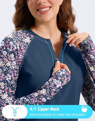 Viodia Womens Swim Shirt UPF50+ Rash Guard Long Sleeve Swimsuit Top Sun Protection Shirts Bathing Suit with Zipper Purple Flower XS thumbnail 3