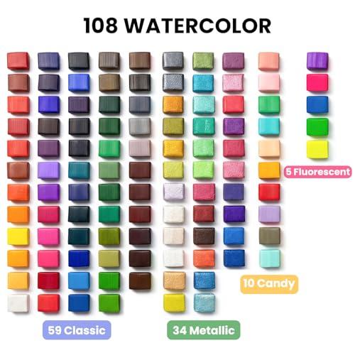 JusArt 108 Colors Watercolor Paint Set,Art Supplies with Metallic Color, Detail Painting Brushes, Water Brush Pens, Portable Travel Watercolor Painting Set for Adult, Artists, Prof thumbnail 3