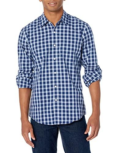 Amazon Essentials Men's Slim-Fit Long-Sleeve Poplin Shirt with Check Pattern, Navy White Plaid, Medium