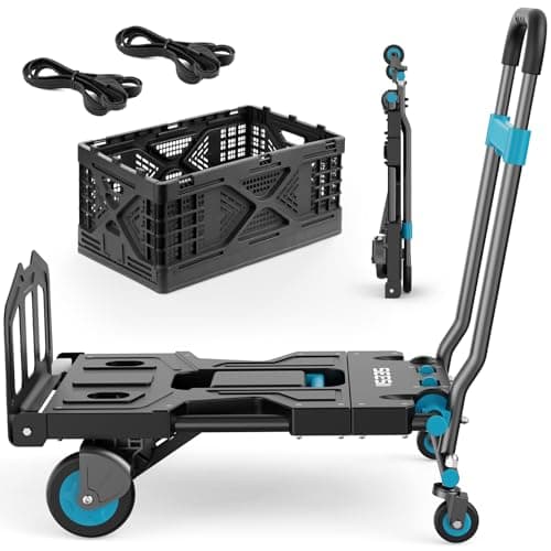 SEESII Foldable Dolly Cart with Folding Basket, 330 lbs Max Capacity Portable Hand Cart, 2-in-1 Heavy Duty Folding Hand Truck with Adjustable Retractable Handle for Moving, Deliver