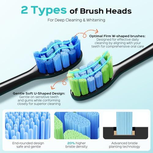 COSLUS Sonic Electric Toothbrush for Adults: 3 Intensities & 5 Modes Gum-Friendly for Deep Cleaning & Whitening - 2 Types of Heads for Family, Sensitive Teeth, Braces, Travel & Hom