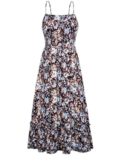 GRACE KARIN Summer Dresses for Women 2026 Vacation,Smocked Floral Maxi Dresses,Boho Beach Long Sundress Black Floral M