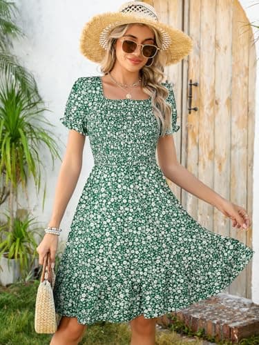 Lyrur Women's Floral Square Neck Smocked Knee Length Summer Dress thumbnail 4