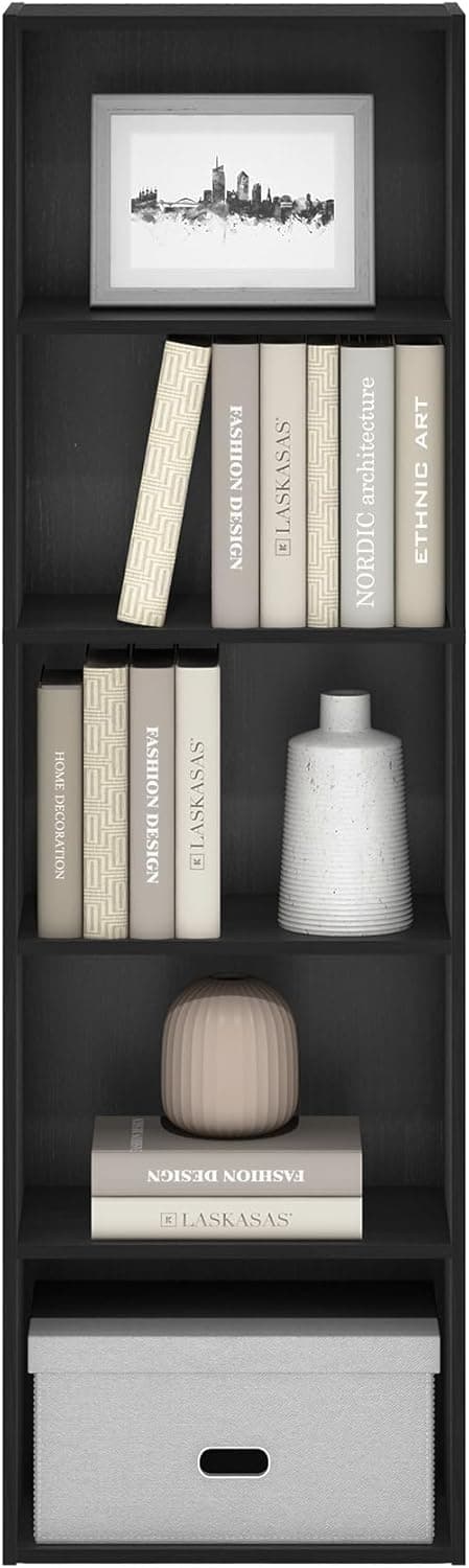 Furinno LUDER Book Shelf, 5-Cube Bookshelf, Bookcase with Open Shelf, 9.4 x 15.8 x 52, for Living Room, Bedroom, Home Office, Blackwood