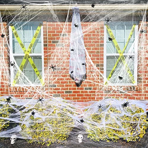 Decoraciones Telarañas Halloween ZPISF 1400 sqft con 150 Arañas Falsas Extra, Súper Elásticas para Interiores y Exteriores