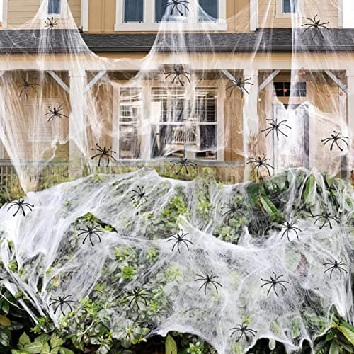 Decoraciones Telarañas Halloween ZPISF 1400 sqft con 150 Arañas Falsas Extra, Súper Elásticas para Interiores y Exteriores