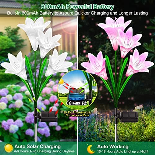 KuBace Solar Outdoor Lights Garden Decor, 6 Pack Upgraded Solar LED Flower Lights with 24 Bigger Lily Flower Lamp, 7 Color Changing Waterproof Solar Powered Flowers for Garden Yard thumbnail 2