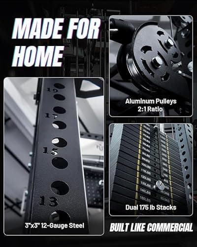 Mikolo Anubis-2.0 Smith Machine with Weight Stack, 3“×3” All-in-One Power Cage with LAT Pulldown & Cable Crossover, 3200LBS Multi-Function Trainer with Aluminum Pulley System for F thumbnail 3