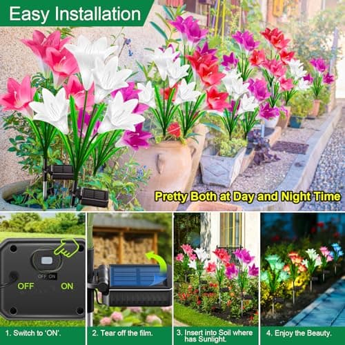 KuBace Solar Outdoor Lights Garden Decor, 6 Pack Upgraded Solar LED Flower Lights with 24 Bigger Lily Flower Lamp, 7 Color Changing Waterproof Solar Powered Flowers for Garden Yard thumbnail 3
