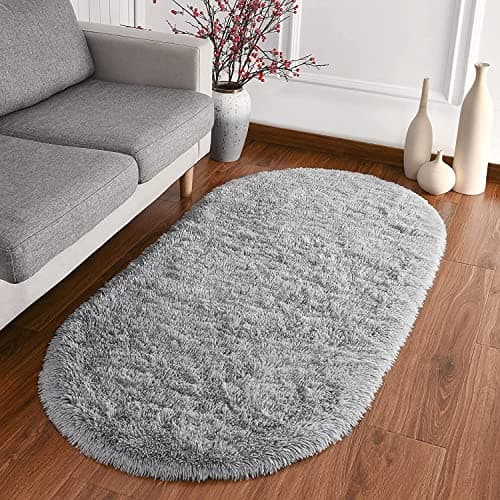 Softlife Fluffy Rugs for Bedroom, 2 Packs Shag Cute Area Rug for Girls and Kids Baby Room Home Decor, 2.6 x 5.3 Feet Oval Indoor Carpet for Nursery Dorm Living Room, Grey thumbnail 3