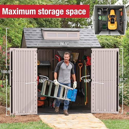 Rubbermaid Large Resin Outdoor Storage Shed With Floor (7 x 7 Ft.), Weather Resistant, Brown, Organization for Home/Lawn Mower/Backyard Equipment/Bike Storage/Pool Supplies thumbnail 6
