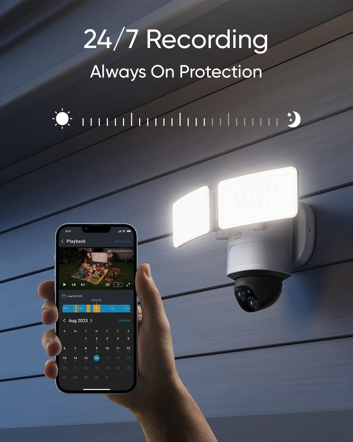 eufy Floodlight Camera E340 with AC Cable, Security Camera Outdoor, 360° PTZ, 24/7 Recording, 2.4G/5G Wi-Fi, 2000 LM, Motion Detection, Built-in Siren, Dual Cam