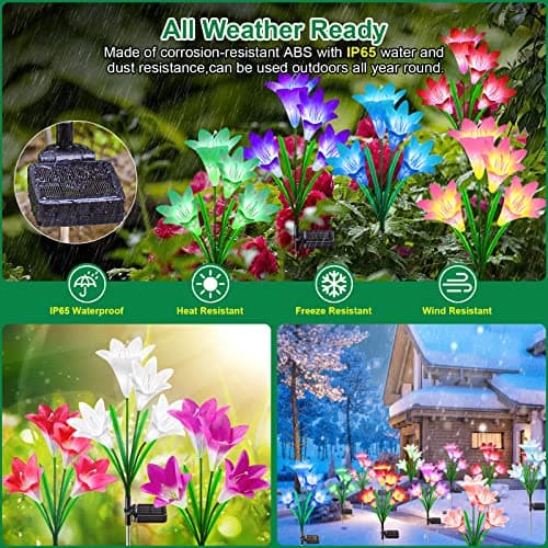 KuBace Solar Outdoor Lights Garden Decor, 6 Pack Upgraded Solar LED Flower Lights with 24 Bigger Lily Flower Lamp, 7 Color Changing Waterproof Solar Powered Flowers for Garden Yard thumbnail 4