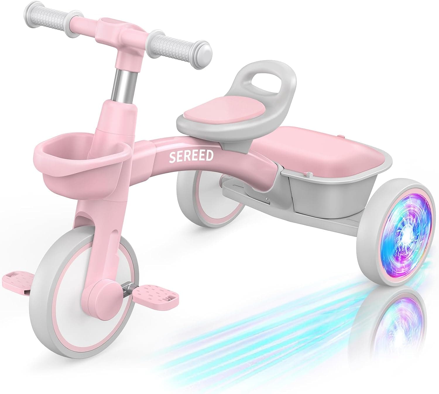 SEREED Colorful Lighting Toddler Tricycle for 2-5 Years Old Girls, Adjustable Seat&Handlebar Trike
