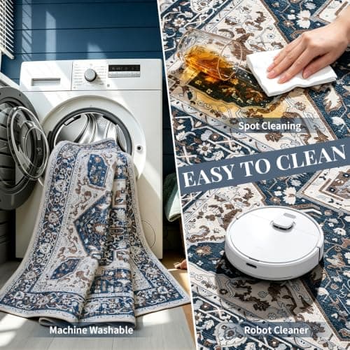 UKISS Washable Rugs Mats，Ultra Soft Faux Wool Memory Foam Rug for Bedroom, 5'x7' Non Slip Large Area Rugs for Living Room ，Low Pile Boho Carpets for Home Office,Blue thumbnail 7