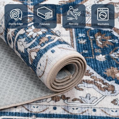UKISS Washable Rugs Mats，Ultra Soft Faux Wool Memory Foam Rug for Bedroom, 5'x7' Non Slip Large Area Rugs for Living Room ，Low Pile Boho Carpets for Home Office,Blue thumbnail 6