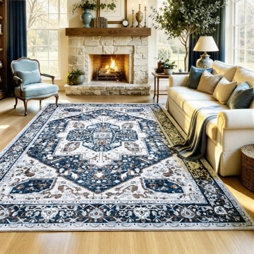 UKISS Washable Rugs Mats，Ultra Soft Faux Wool Memory Foam Rug for Bedroom, 5'x7' Non Slip Large Area Rugs for Living Room ，Low Pile Boho Carpets for Home Office,Blue