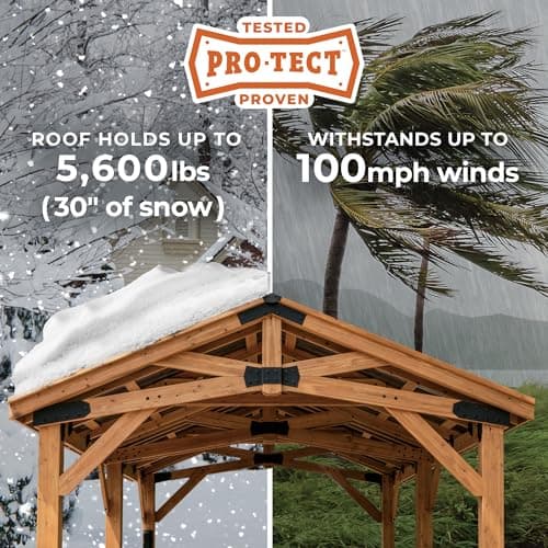 Backyard Discovery Norwood 10' x 10' Cedar Wood Outdoor Gazebo Pavilion with Hardtop Galvanized Steel Peak Roof, Snow Support, Wind Resistance, PowerPort, Shade for Garden, Patio, 