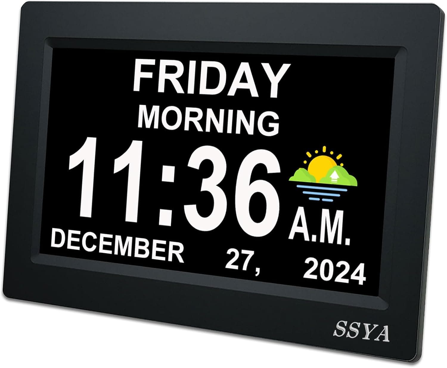 SSYA 7 Inch Calendar Clock - 12 Alarm Options, Level 5 Auto Dimmable Display,Extra Large Impaired Vision Digital Clock with Non-Abbreviated Day & Month 