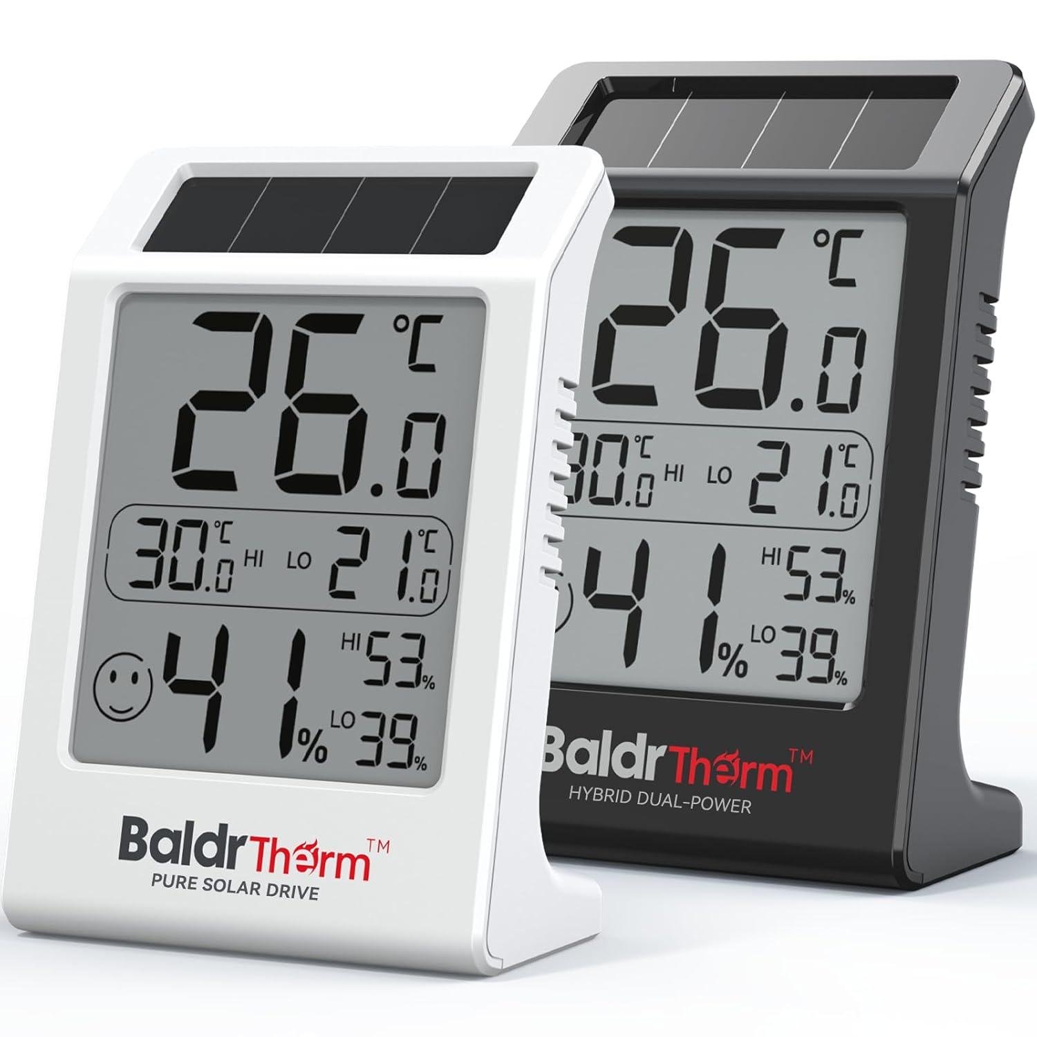 BaldrTherm Room Thermometer Indoor Humidity Meter, Solar-Powered 3.2'' Large Digital Temperature Sensor Monitor with Max/Min Reading