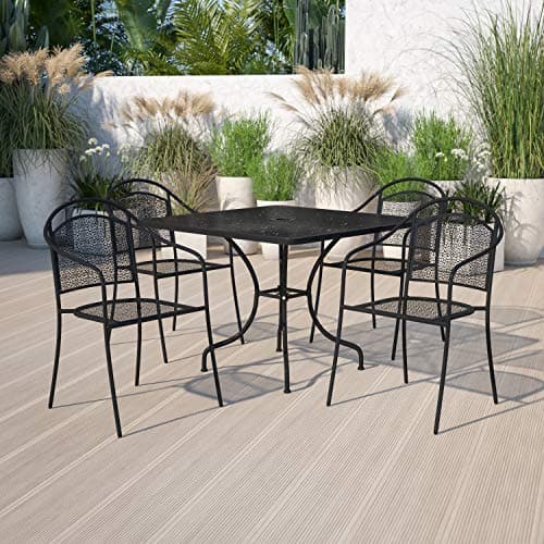 Flash Furniture Oia 5-Piece Commercial Grade Steel Patio Table and Chairs Set, Outdoor Dining Set with Square Table and 4 Round Back Chairs, Black thumbnail 2