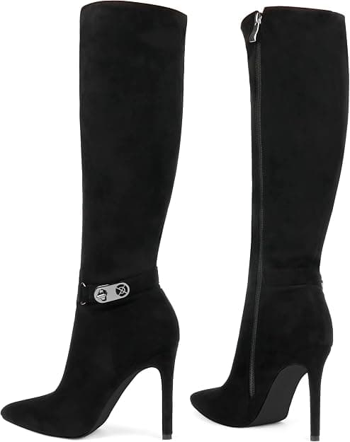 COLETER Women's Knee High Boots Pointed Toe Stiletto Buckle Dress Boots Slouch Zipper Heeled Boots