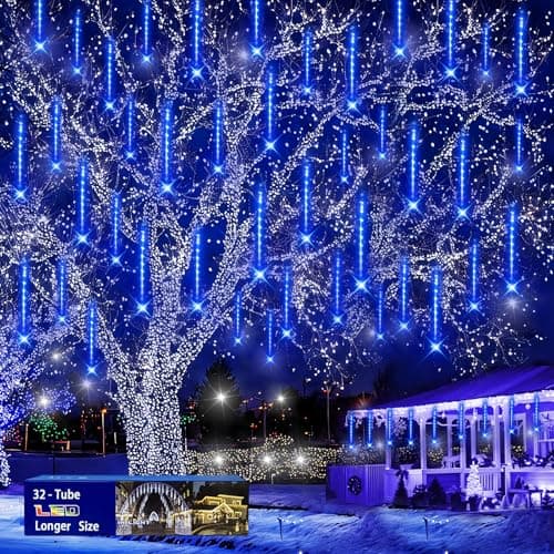 Blue Christmas Lights Outdoors, 32 Tubes Meteor Shower Rain Lights for Xmas | Equivalent to 4 Sets of 8-Tubes, Waterproof Christmas Halloween Decorations for Yard Outside Tree Roof Decor, UL Plug