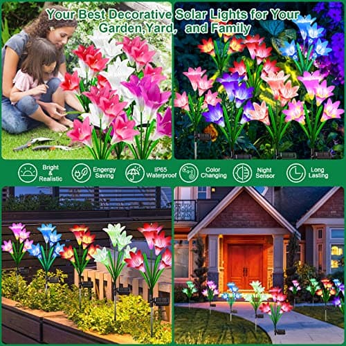 KuBace Solar Outdoor Lights Garden Decor, 6 Pack Upgraded Solar LED Flower Lights with 24 Bigger Lily Flower Lamp, 7 Color Changing Waterproof Solar Powered Flowers for Garden Yard thumbnail 7