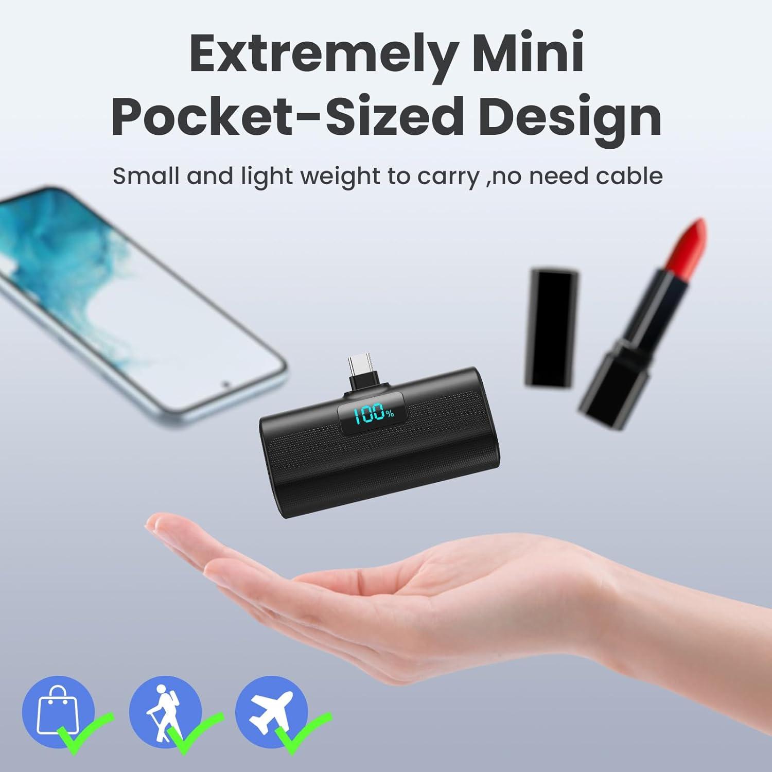 [2-Pack]Small Portable Charger 5200mAh, Upgraded PD USB C Power Bank Built-in USB-C Connector,LCD Display Battery Pack