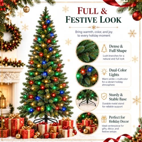 Miniatura de Árbol de Navidad Artificial Garvee de 1.8 m con Luces Duales 8