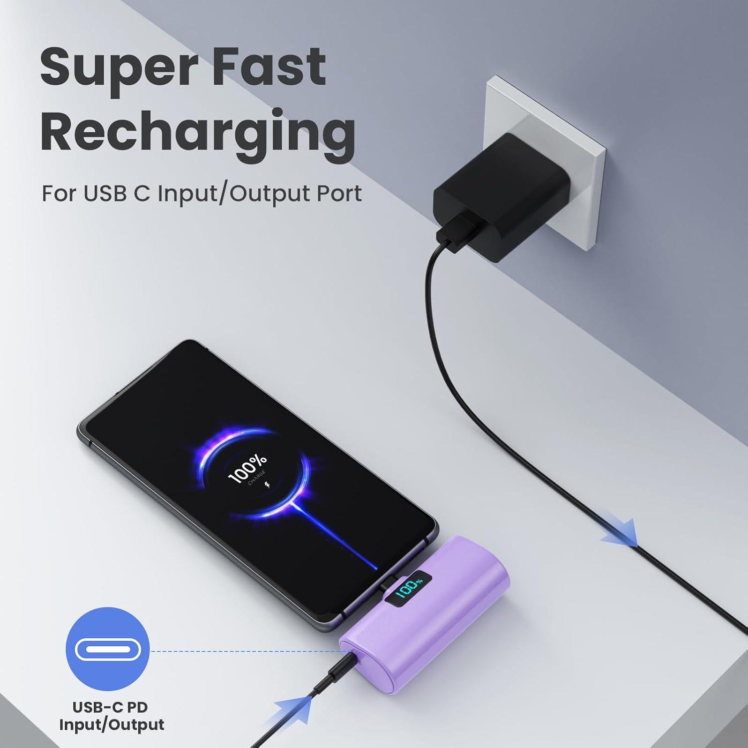 [2-Pack]Small Portable Charger 5200mAh, Upgraded PD USB C Power Bank Built-in USB-C Connector,LCD Display Battery Pack