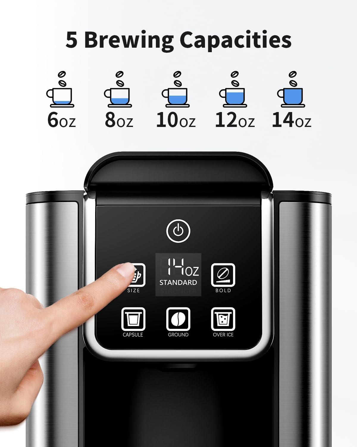 Hot & Iced Coffee Maker with Bold Setting, Single Serve Coffee Maker for K Cup and Grounds, 6-14 Oz Brew Sizes, 50 Oz Removable Water Tank