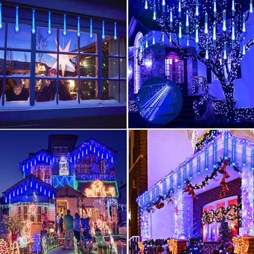 Blue Christmas Lights Outdoors, 32 Tubes Meteor Shower Rain Lights for Xmas | Equivalent to 4 Sets of 8-Tubes, Waterproof Christmas Halloween Decorations for Yard Outside Tree Roof Decor, UL Plug thumbnail 6
