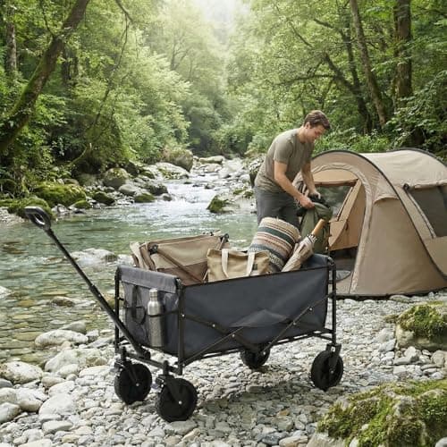 DUMOS Collapsible Wagon Cart, Heavy Duty Foldable Utility Wagon with Lockable Brake Wheels – 330 lbs Capacity, Flexible Handle for Beach, Garden, Sports, Grocery & Camping, Gray thumbnail 2
