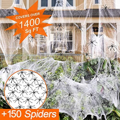 Decoraciones Telarañas Halloween ZPISF 1400 sqft con 150 Arañas Falsas Extra, Súper Elásticas para Interiores y Exteriores