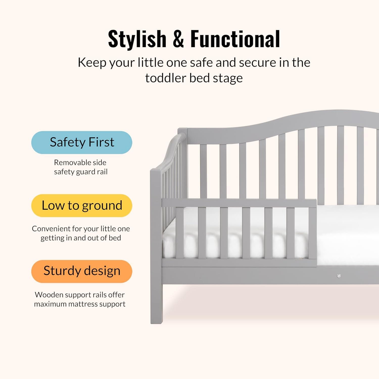 Dream On Me Austin Toddler Day Bed with Rails in Pebble Grey, Low to Floor Toddler Day Bed