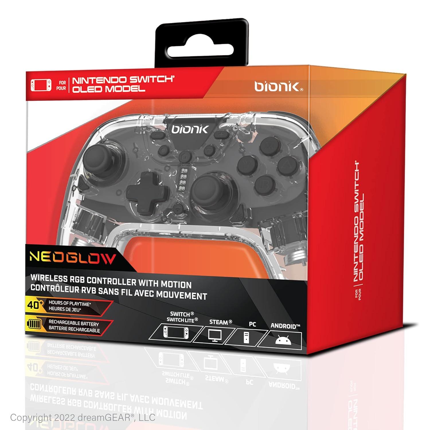 Bionik NeoGlow Wireless Controller For Nintendo Switch and Switch 2: RGB Game Controllers with Motion, 900 mAh Rechargeable Battery