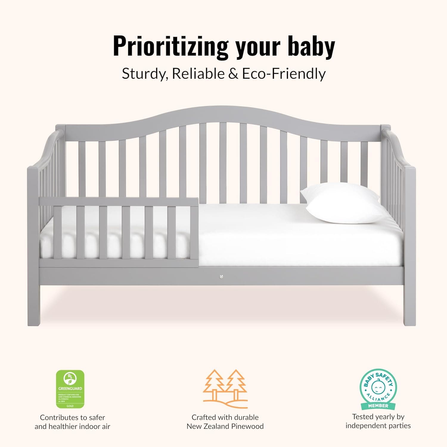 Dream On Me Austin Toddler Day Bed with Rails in Pebble Grey, Low to Floor Toddler Day Bed